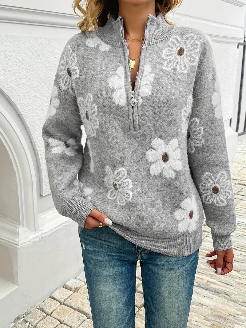 Pauline - Floral Drop Shoulder Zip Sweater