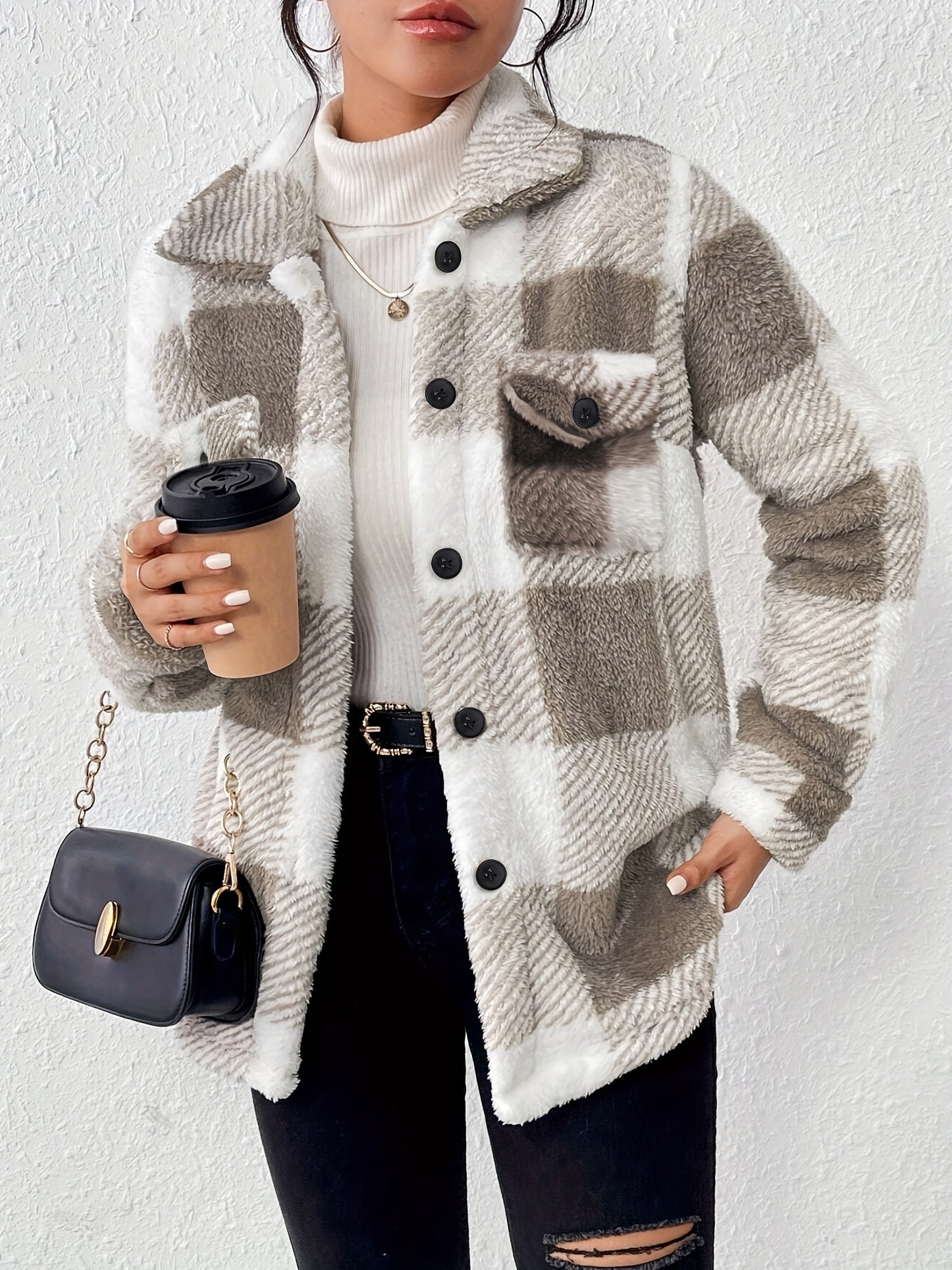 Doreline - Veste d’Hiver en Peluche à Imprimé Carreaux