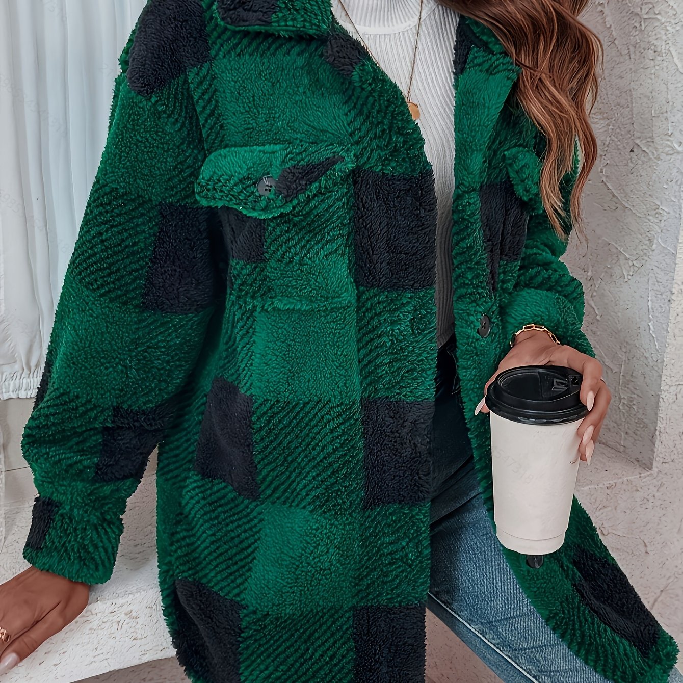 Doreline - Veste d’Hiver en Peluche à Imprimé Carreaux
