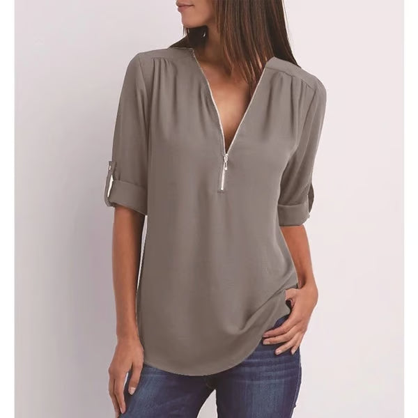 Quelina - Blouse Zippée Ample à Manches 3/4
