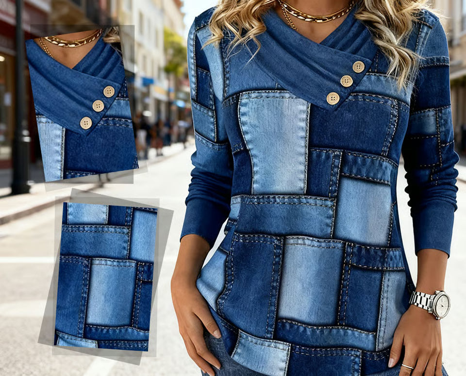Lorynne - Elegant Denim Patchwork Sweater with Cross Neck
