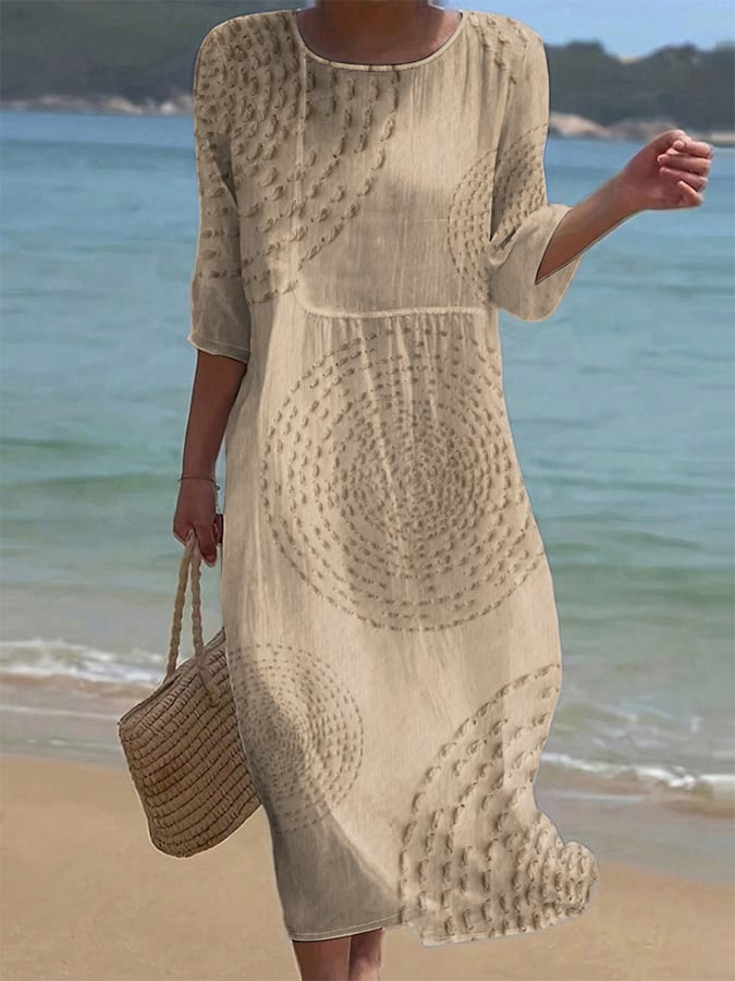 Pavessa - Flowy Midi Dress in Cotton and Linen with Textured Pattern