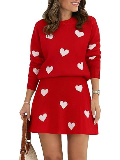 Helissura - Women's Heart Pattern Skirt and Sweater Set