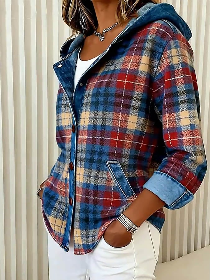 Nadrina - Denim Jacket with Hood and Contrasting Check Pattern