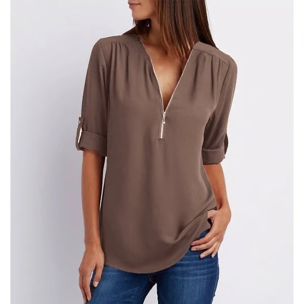 Quelina - Blouse Zippée Ample à Manches 3/4