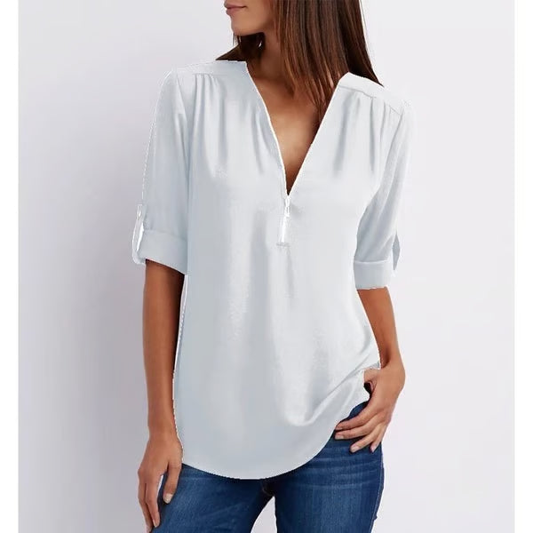 Quelina - Blouse Zippée Ample à Manches 3/4