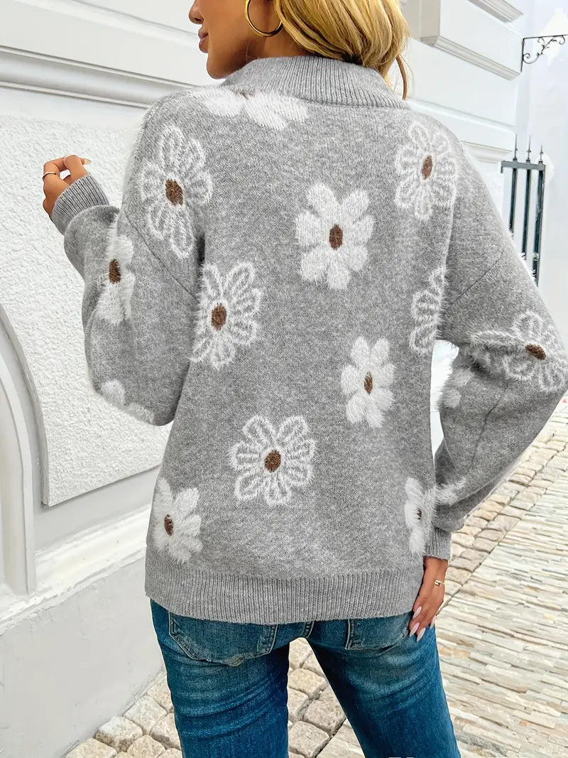 Pauline - Floral Drop Shoulder Zip Sweater