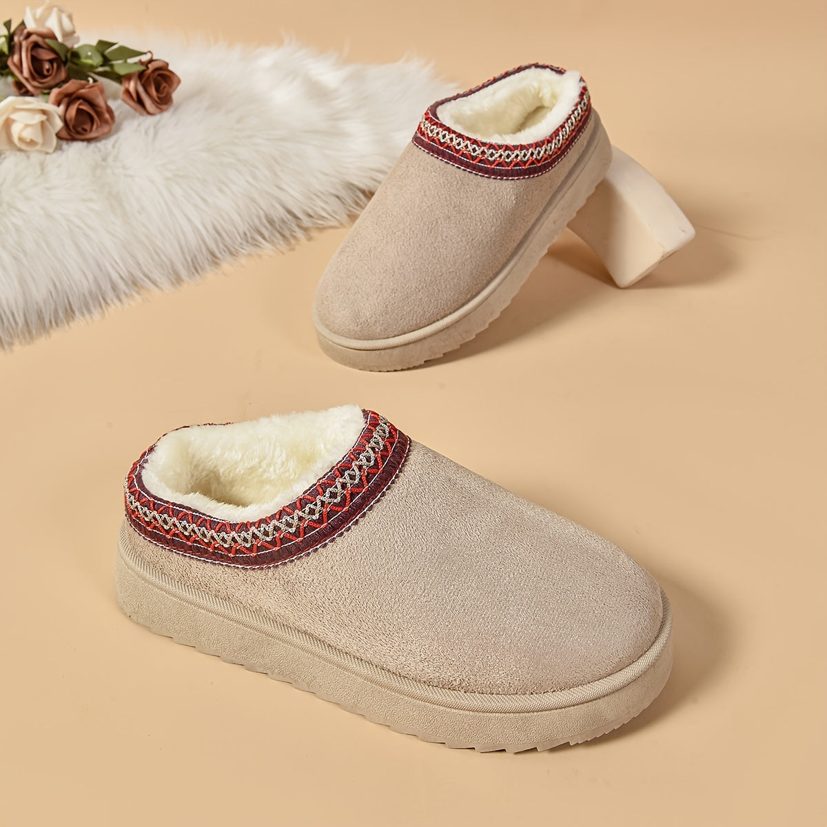 Selviane - Ethnic Slip-On Boots with Faux Fur Lining