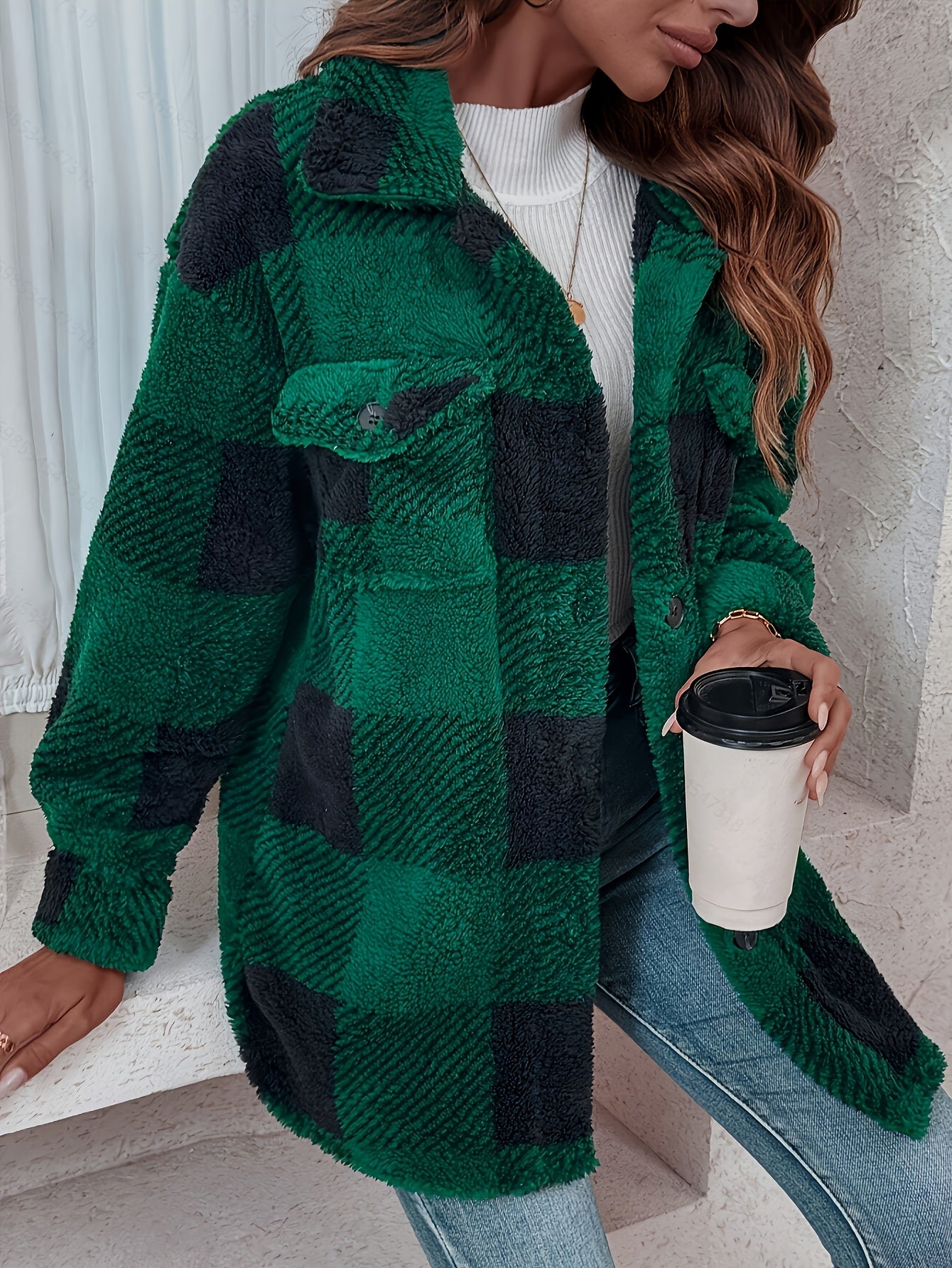Doreline - Veste d’Hiver en Peluche à Imprimé Carreaux