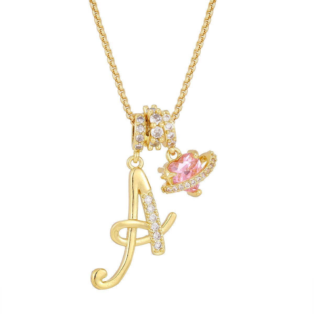 Carmelle - Initial Necklace with Sparkling Pink Heart