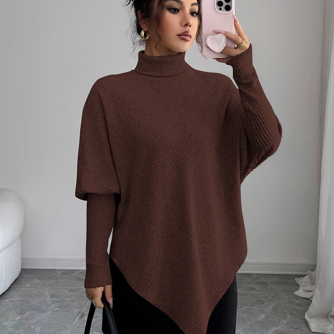 Ilyssa - Asymmetrical High Neck Sweater, Modern Elegance