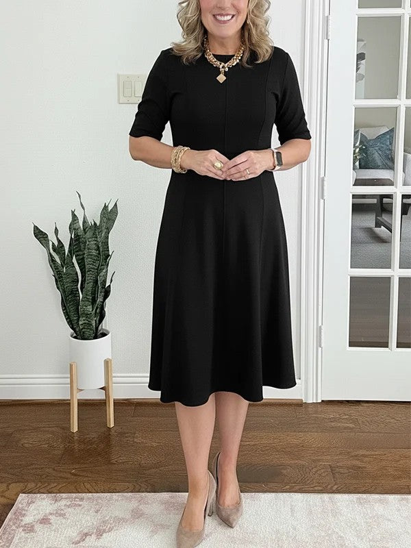 Quirinae - Elegant Midi Dress with Flared Cut and Sleeves