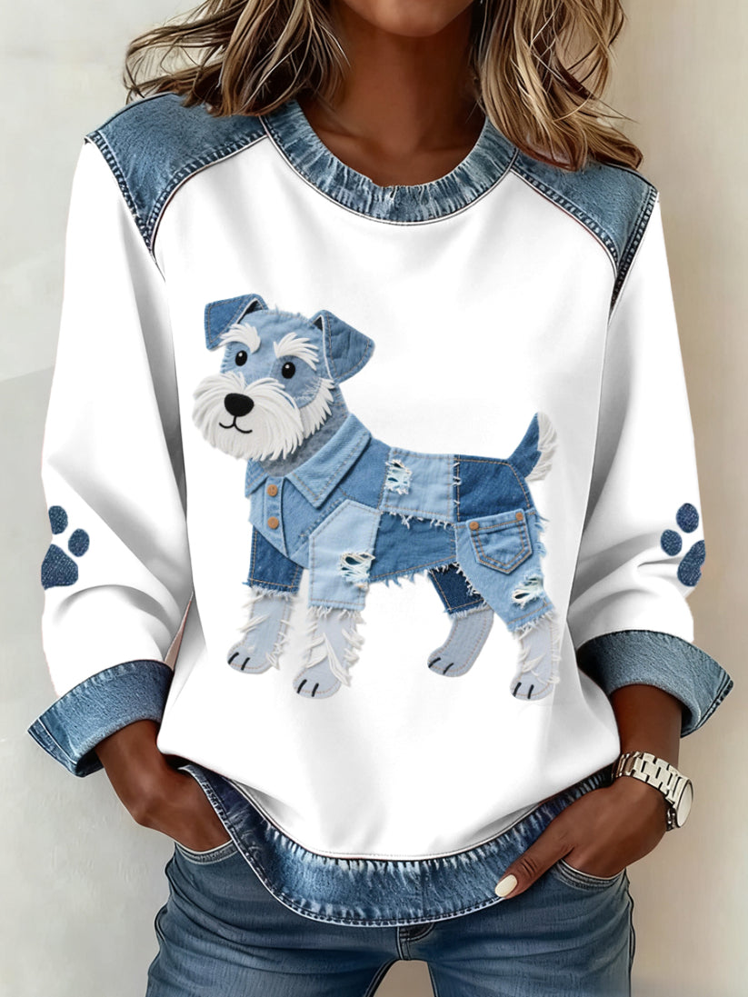 Karianesse - Patchwork Denim Sweatshirt with Dachshund Motif