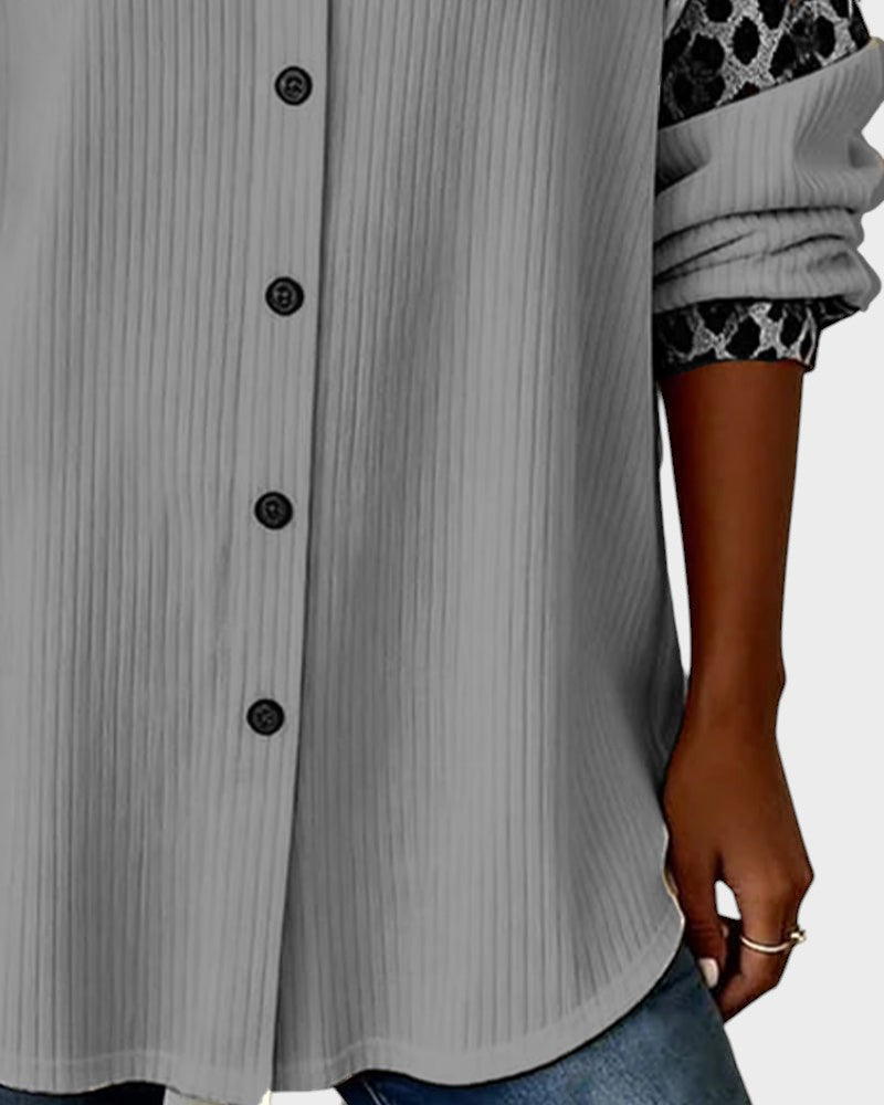 Oralynesse - Two-Tone Button-Down Shirt with Leopard Print Details