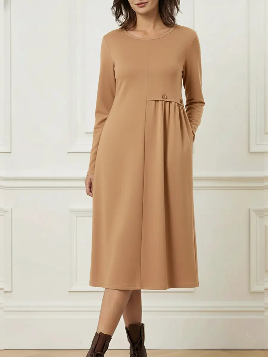 Helisavelle - Robe Midi en Coton à Manches Longues au Style Décontracté