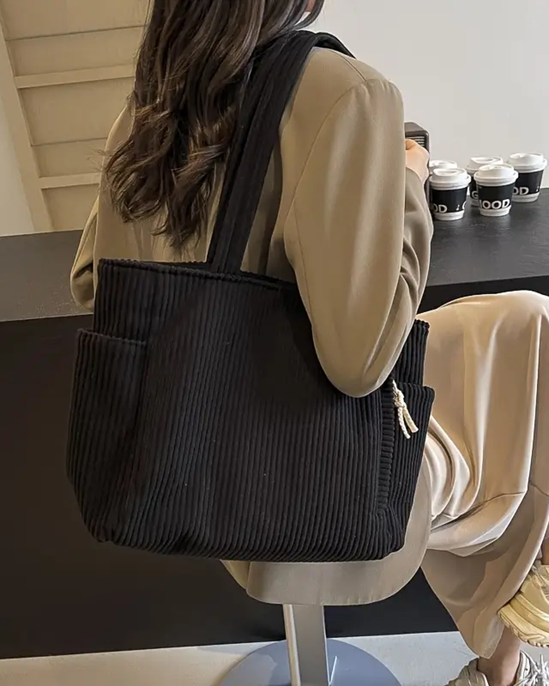 Gisara - Ribbed Tote Bag with Rope Detail