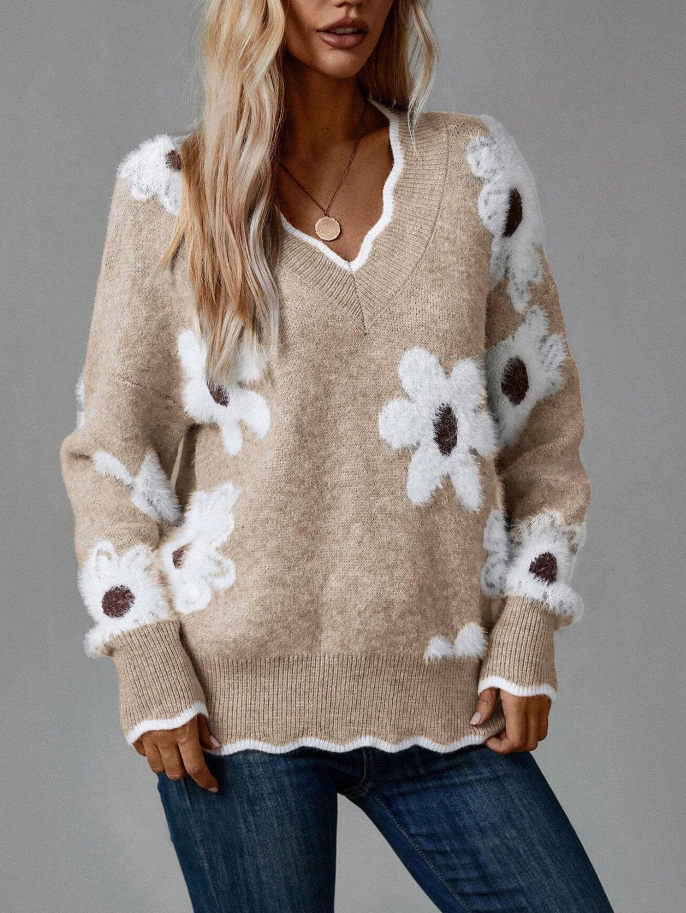 Odette - Pull Floral Élégant avec Bordure Festonnée