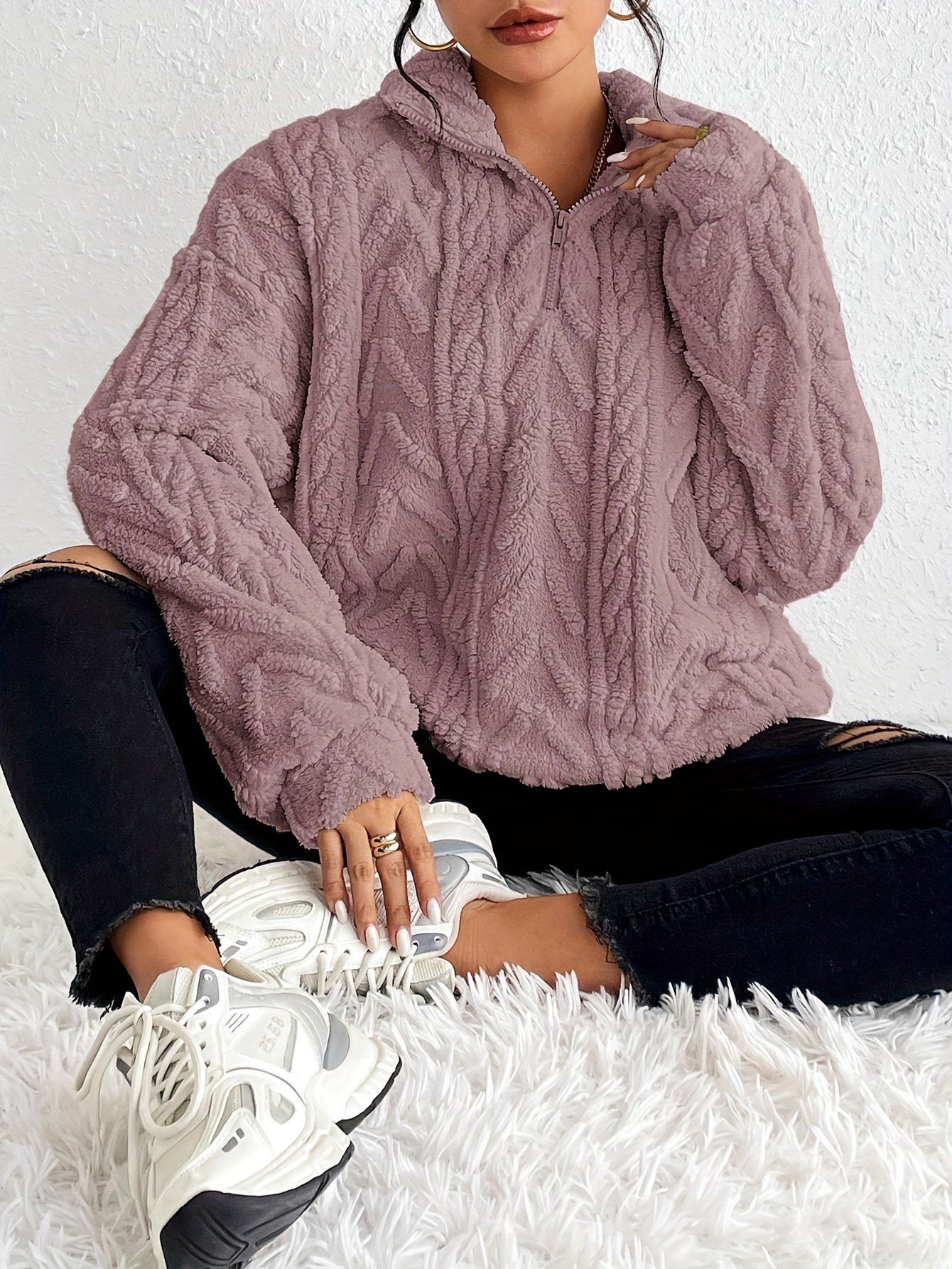 Claudette - Sweatshirt Luxe en Fleece à Tricot Cable