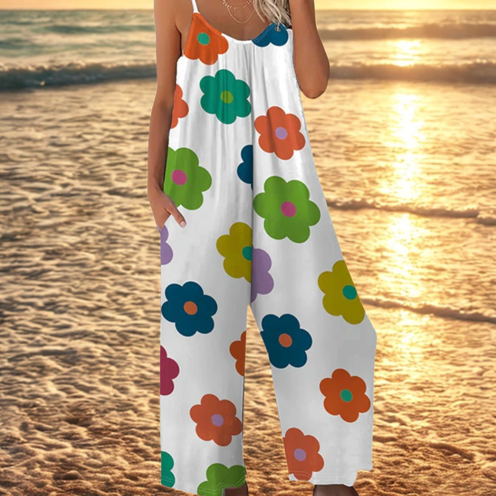 Dovellae - Women's Floral Print Thin Strap Wide Leg Summer Jumpsuit