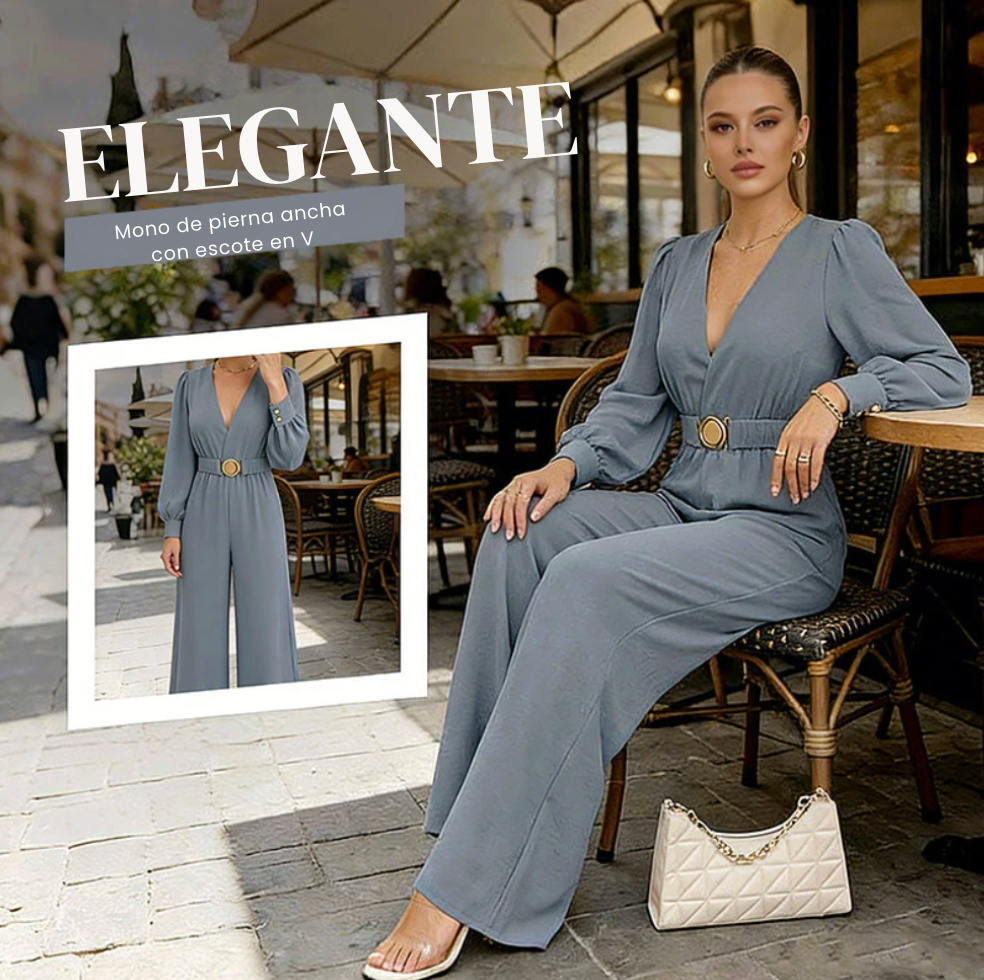 Jorethia - Women's V-Neck Wide Leg Belted Puff Sleeve Jumpsuit