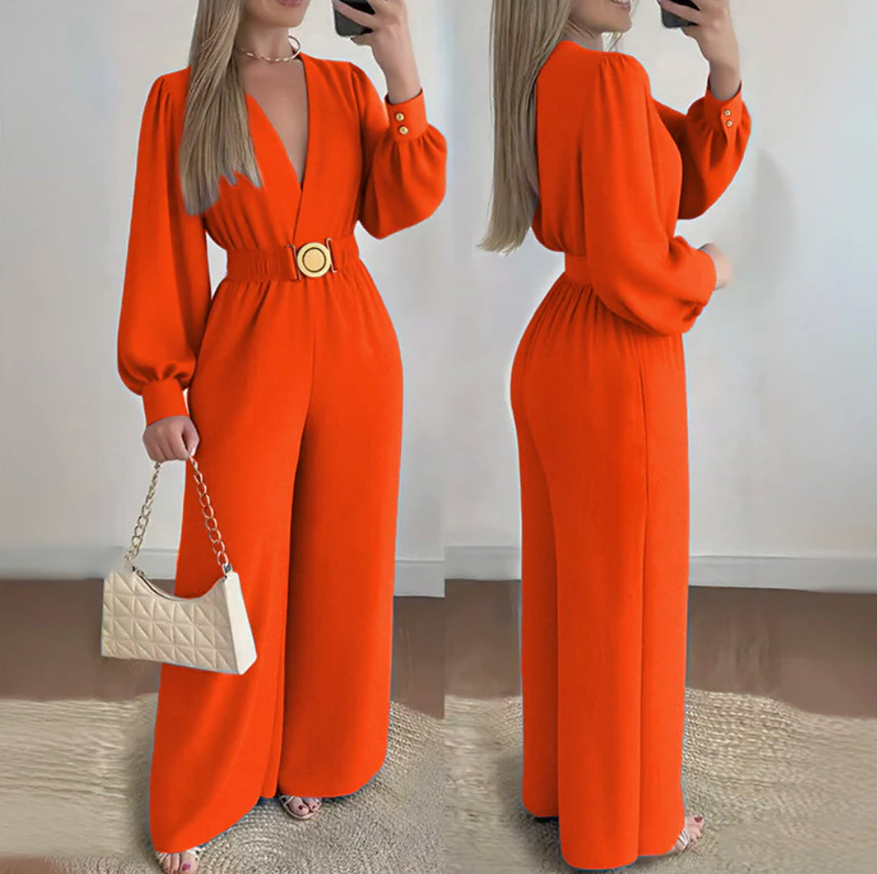 Jorethia - Women's V-Neck Wide Leg Belted Puff Sleeve Jumpsuit