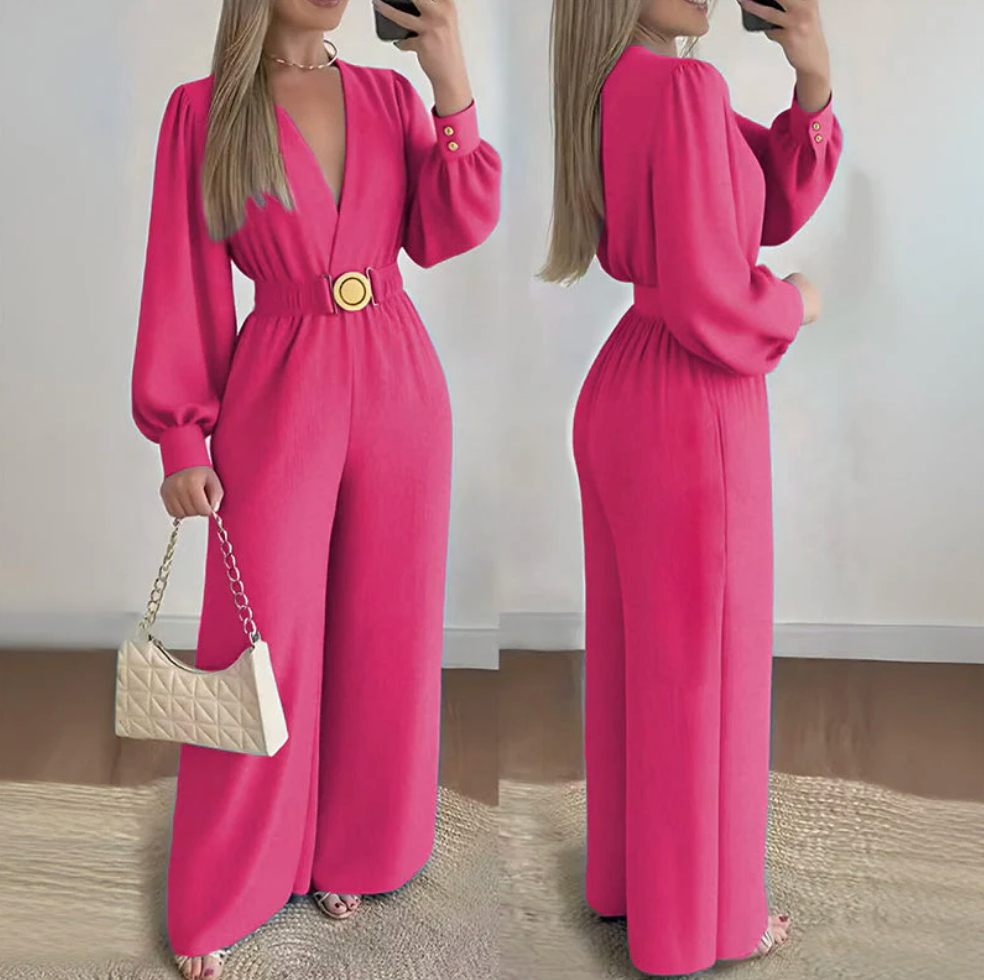 Jorethia - Women's V-Neck Wide Leg Belted Puff Sleeve Jumpsuit