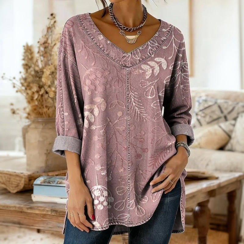 Selmira - Elegant Retro Foliage Pattern Blouse