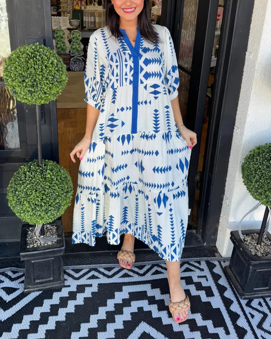 Lorelei - Robe Géométrique à Boutons et Décolleté en V