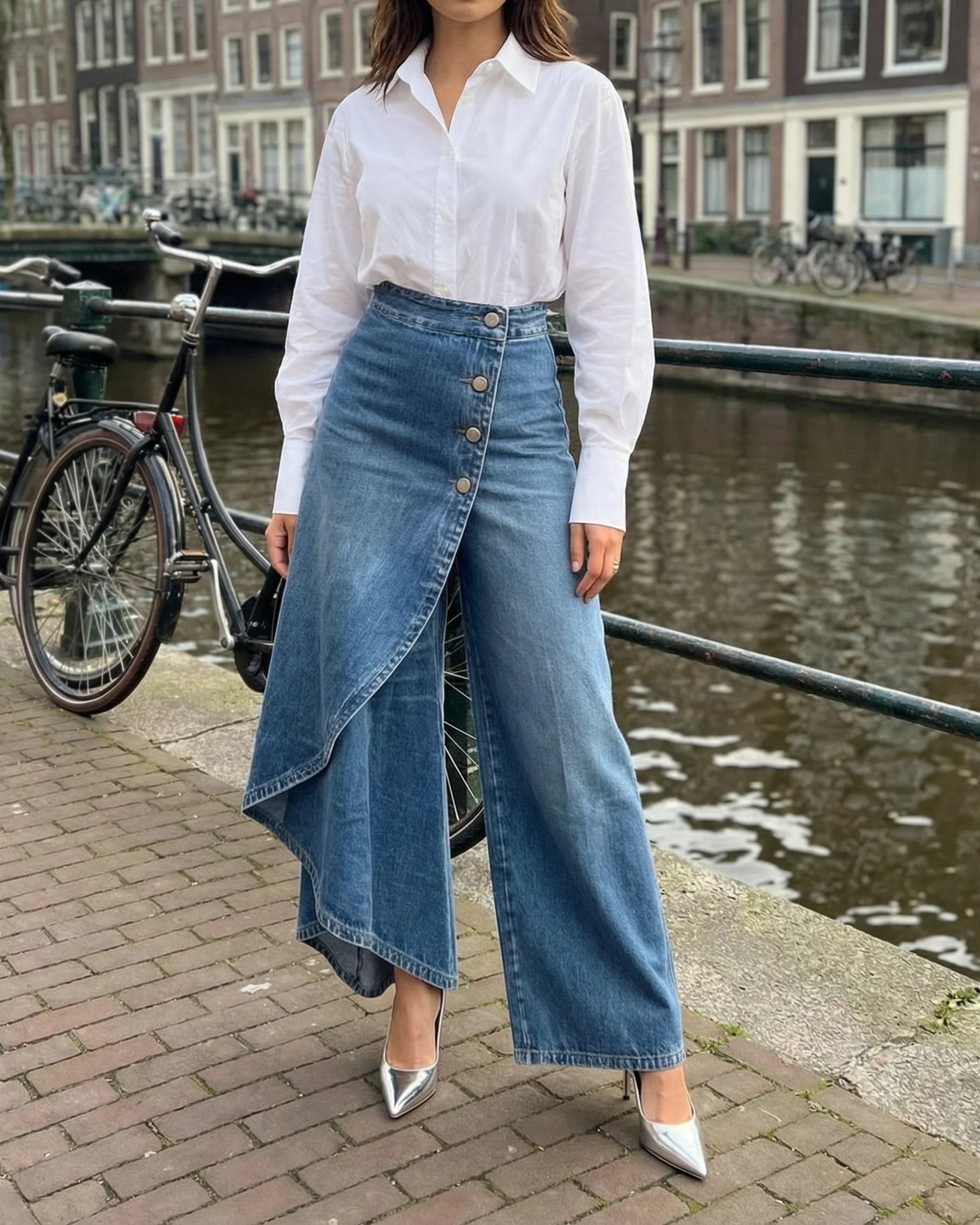Pavellea - Wide Leg Denim Jeans with Wrap Skirt Effect
