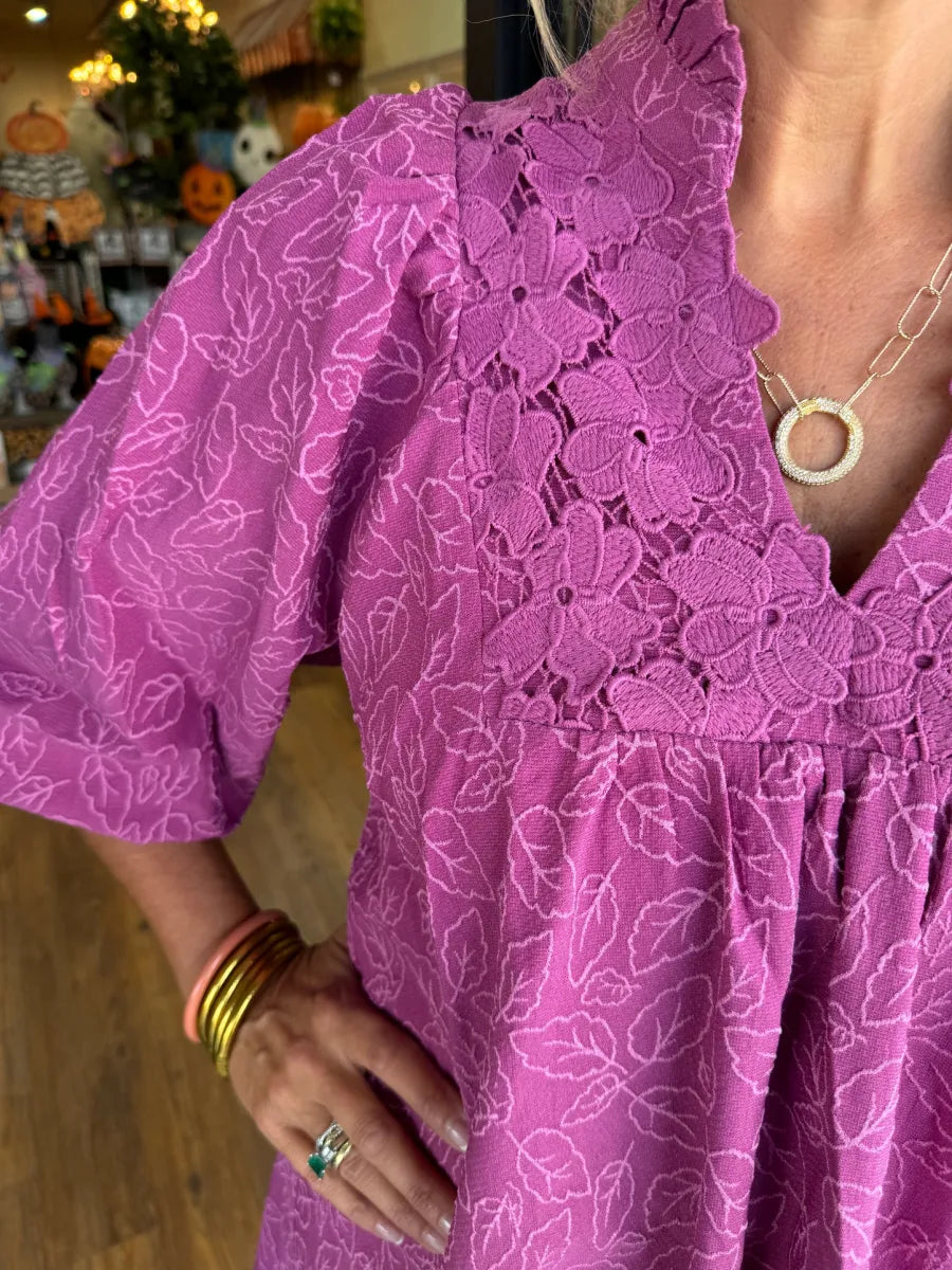 Tesia - Short Jacquard Dress with Puff Sleeves