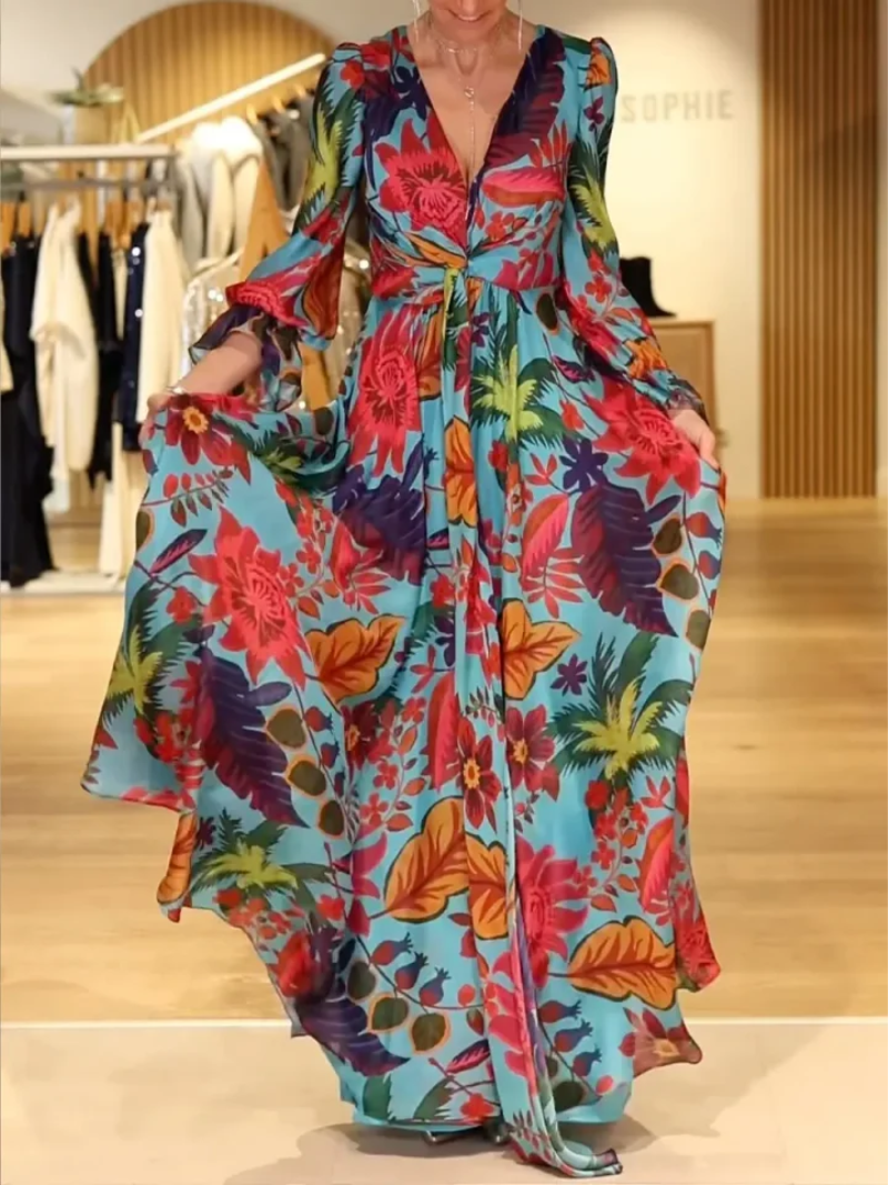 Savelie - Elegant Floral Long V-Neck Dress