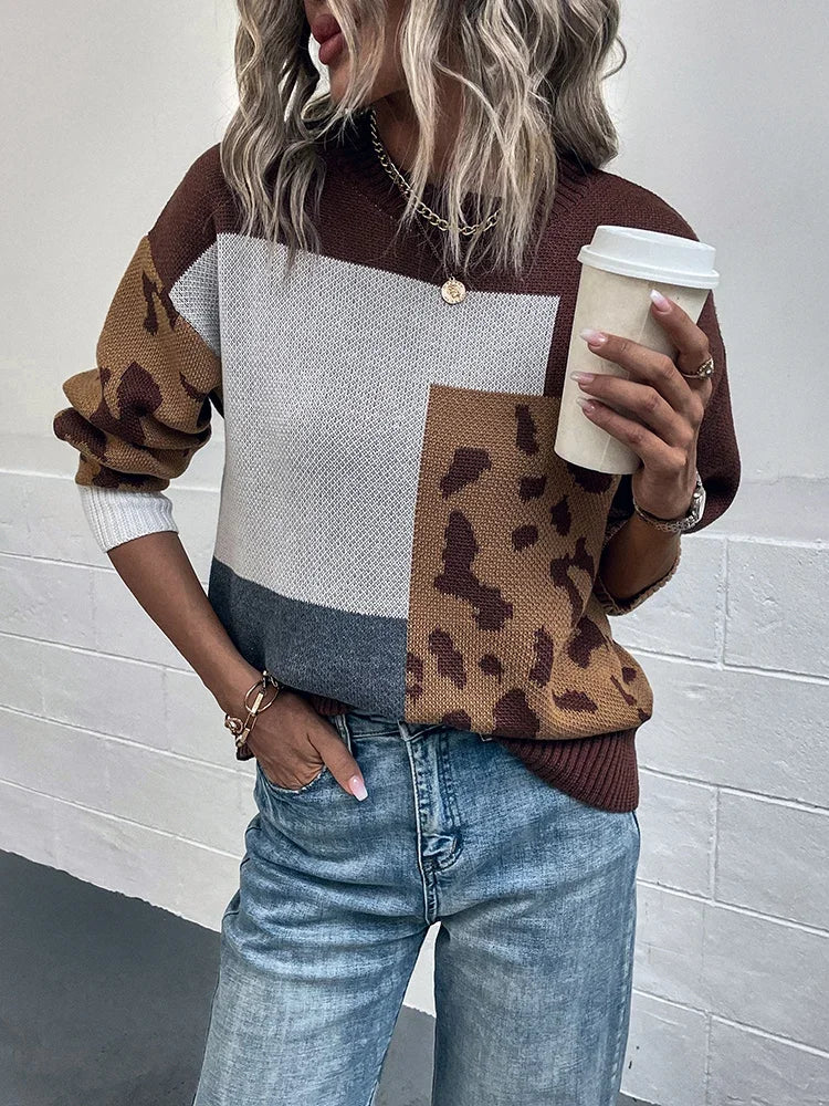 Kalirienne - Leopard Print Patchwork Knit Sweater