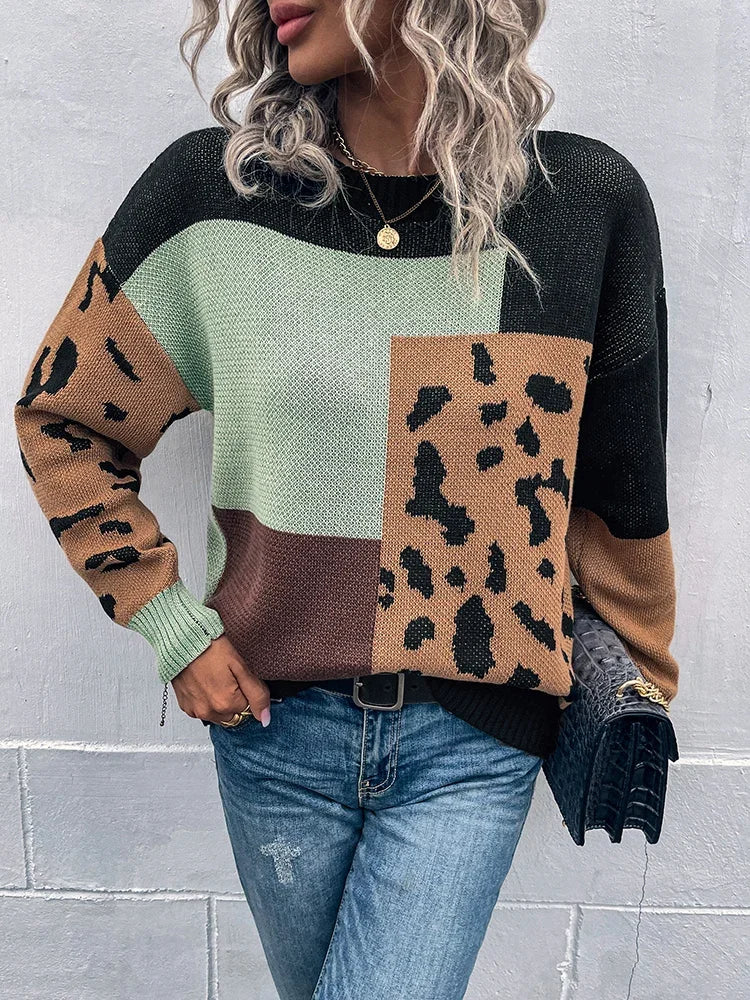 Kalirienne - Leopard Print Patchwork Knit Sweater
