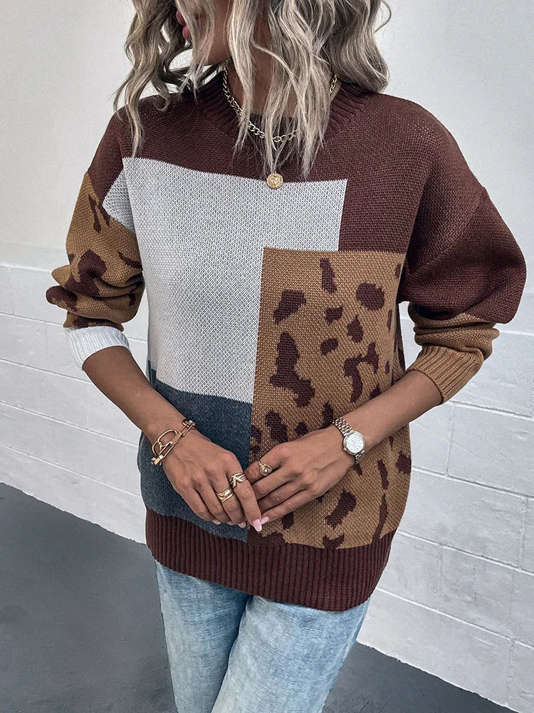 Kalirienne - Leopard Print Patchwork Knit Sweater