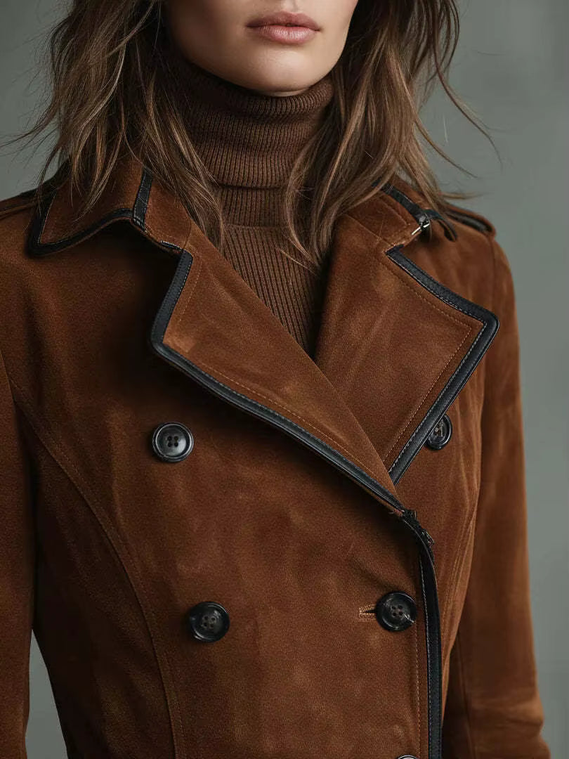 Kaliravessa - Elegant Suede Leather Trench Coat