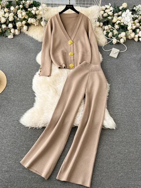 Nel - Chic Knit Cardigan and Wide Leg Pants Set