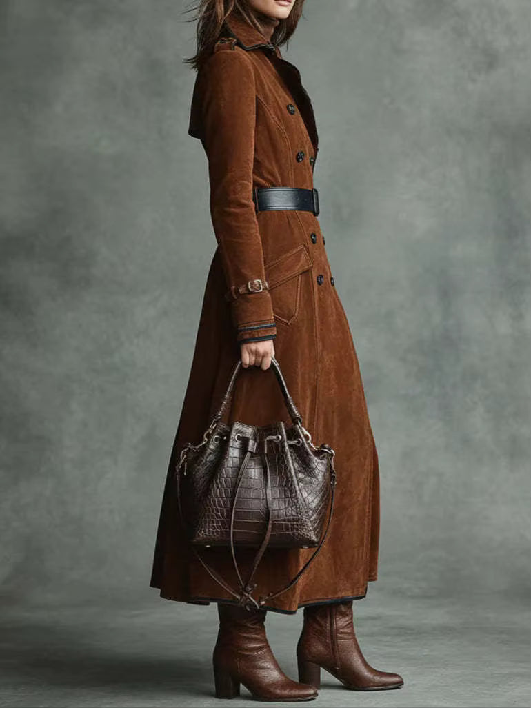 Kaliravessa - Elegant Suede Leather Trench Coat