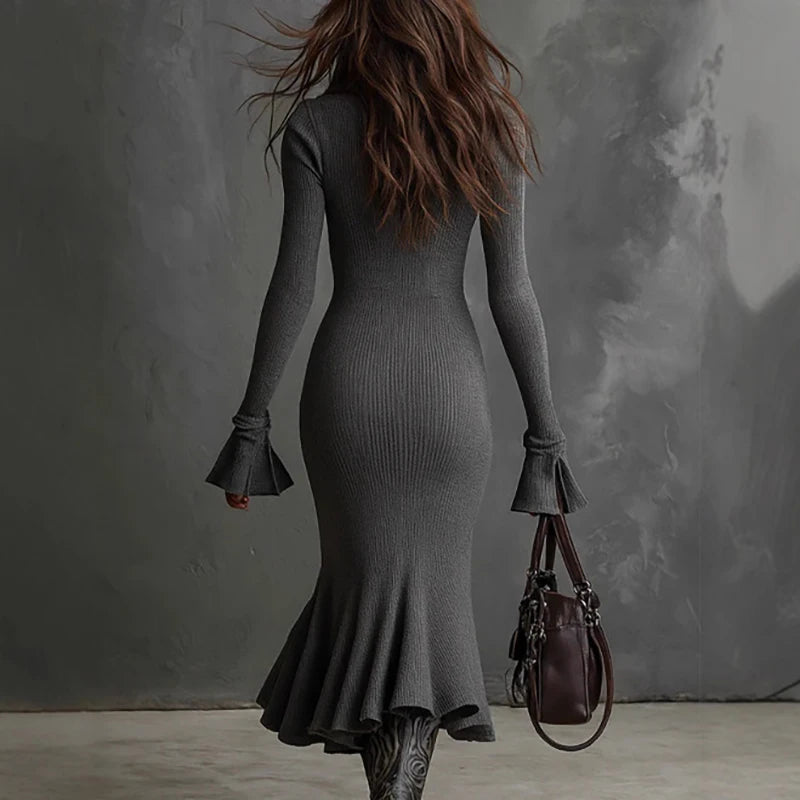 Pravielle - Robe Longue à Col Rabattu et Manches Évasées