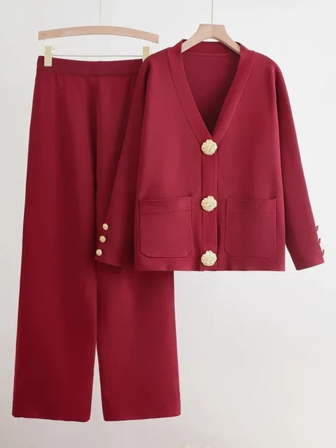 Nel - Chic Knit Cardigan and Wide Leg Pants Set