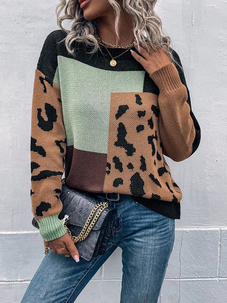 Kalirienne - Leopard Print Patchwork Knit Sweater
