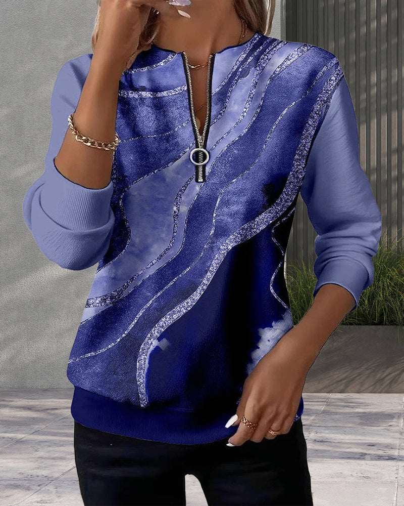 Dorevienne - Sweatshirt Décontracté à Demi-Zip Imprimé Vintage