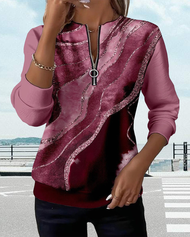 Dorevienne - Sweatshirt Décontracté à Demi-Zip Imprimé Vintage