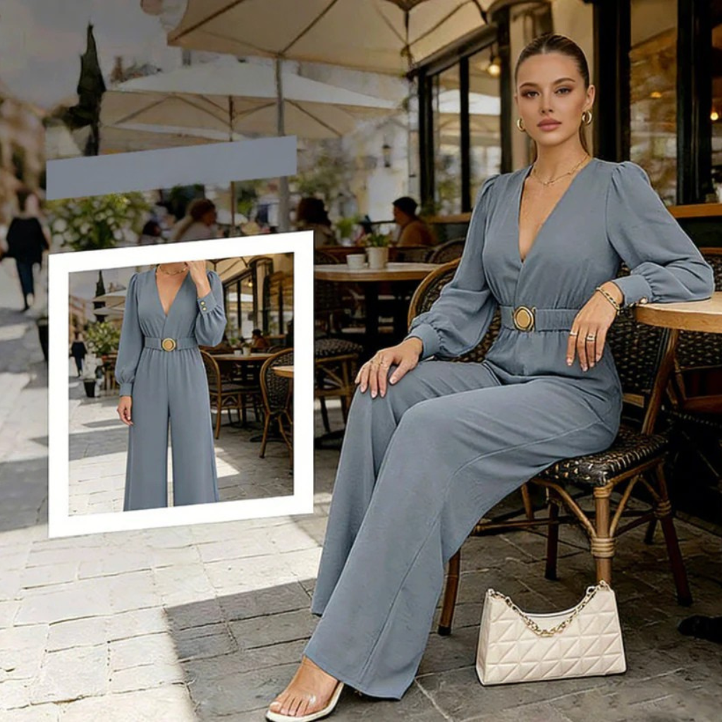 Jorethia - Women's V-Neck Wide Leg Belted Puff Sleeve Jumpsuit
