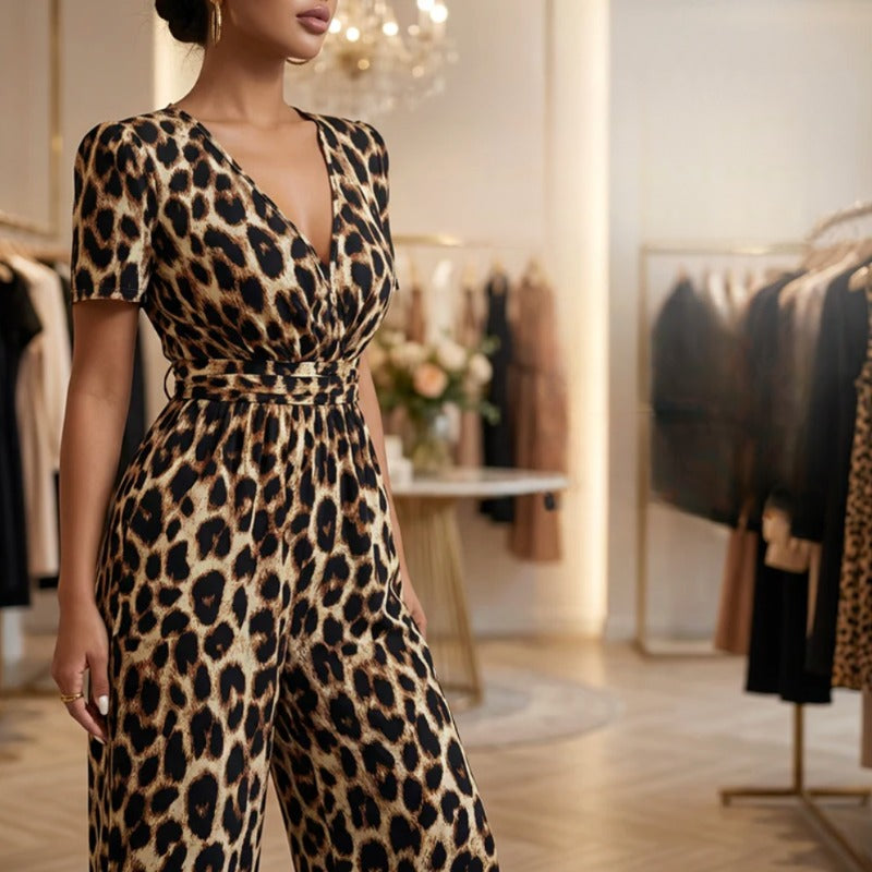 Sylvaris - Women's Elegant Leopard Print V-Neck Jumpsuit