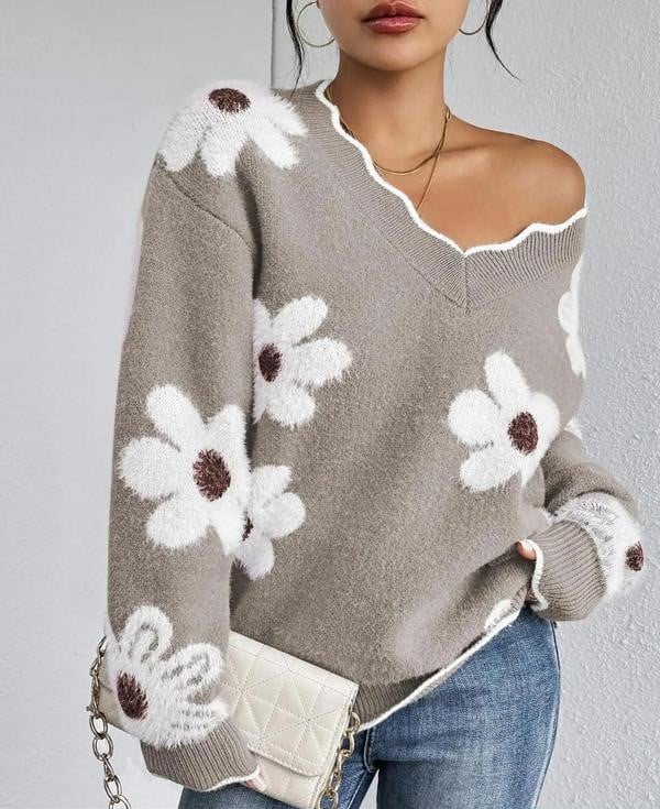 Odette - Pull Floral Élégant avec Bordure Festonnée
