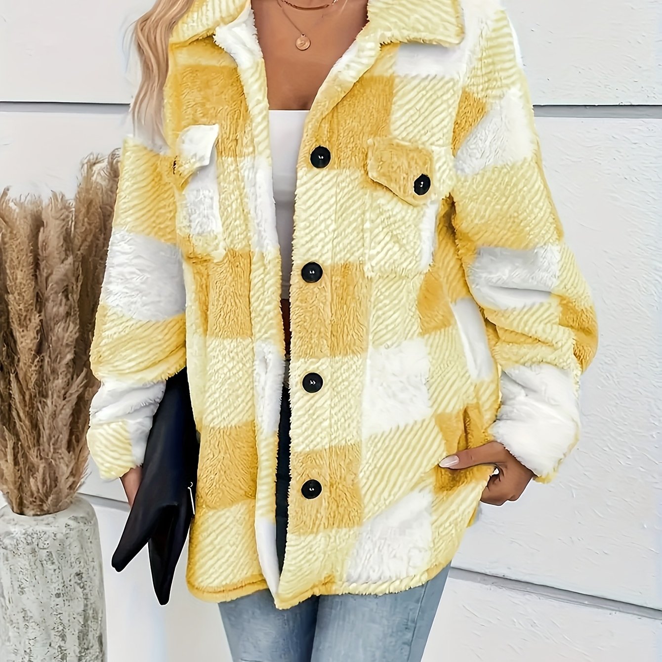 Doreline - Veste d’Hiver en Peluche à Imprimé Carreaux