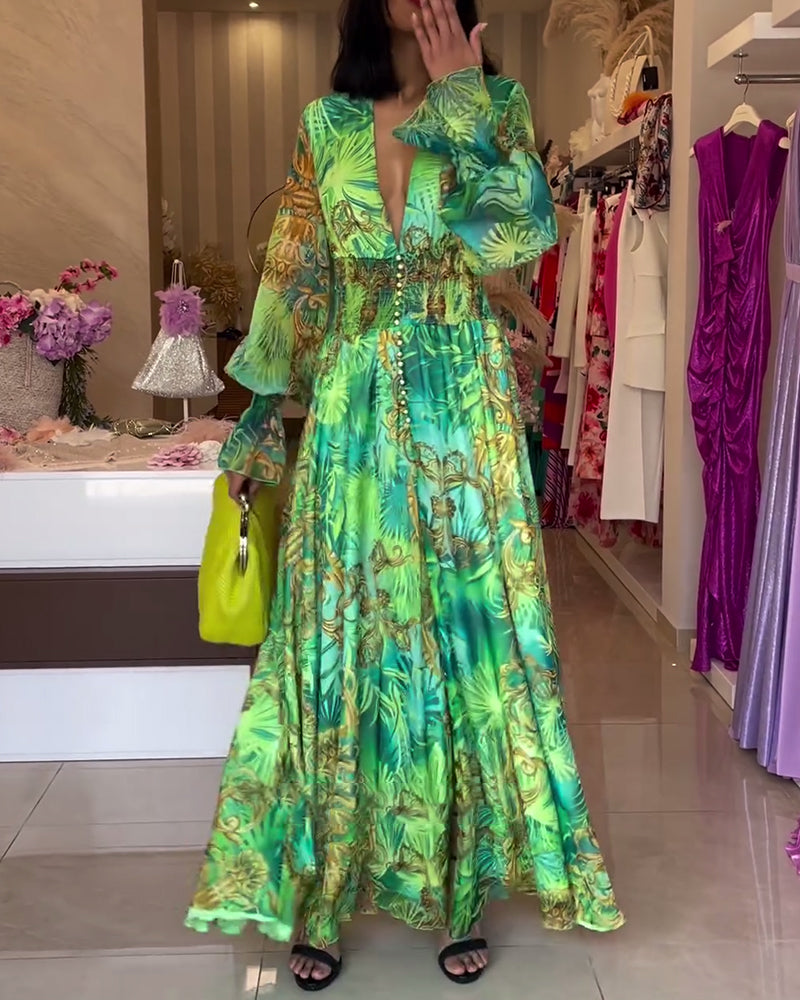 Aceline - Elegant Printed Empire Waist Long Dress