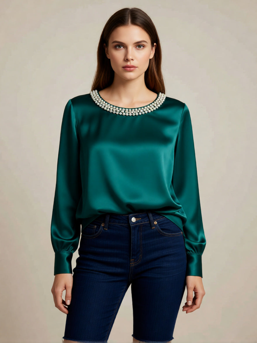 Neralivora - Beaded Satin Top with Jewel Collar