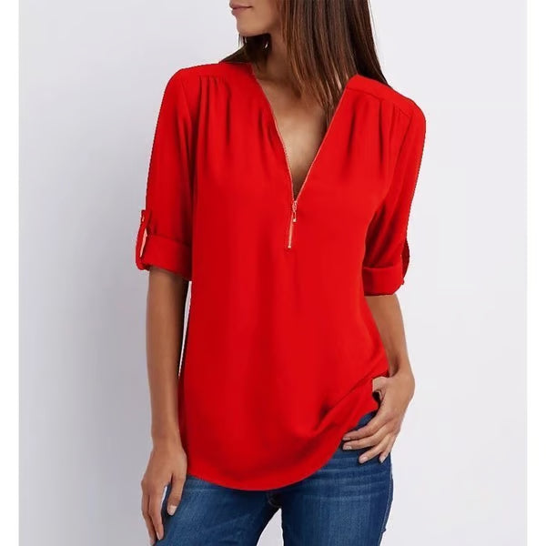 Quelina - Blouse Zippée Ample à Manches 3/4