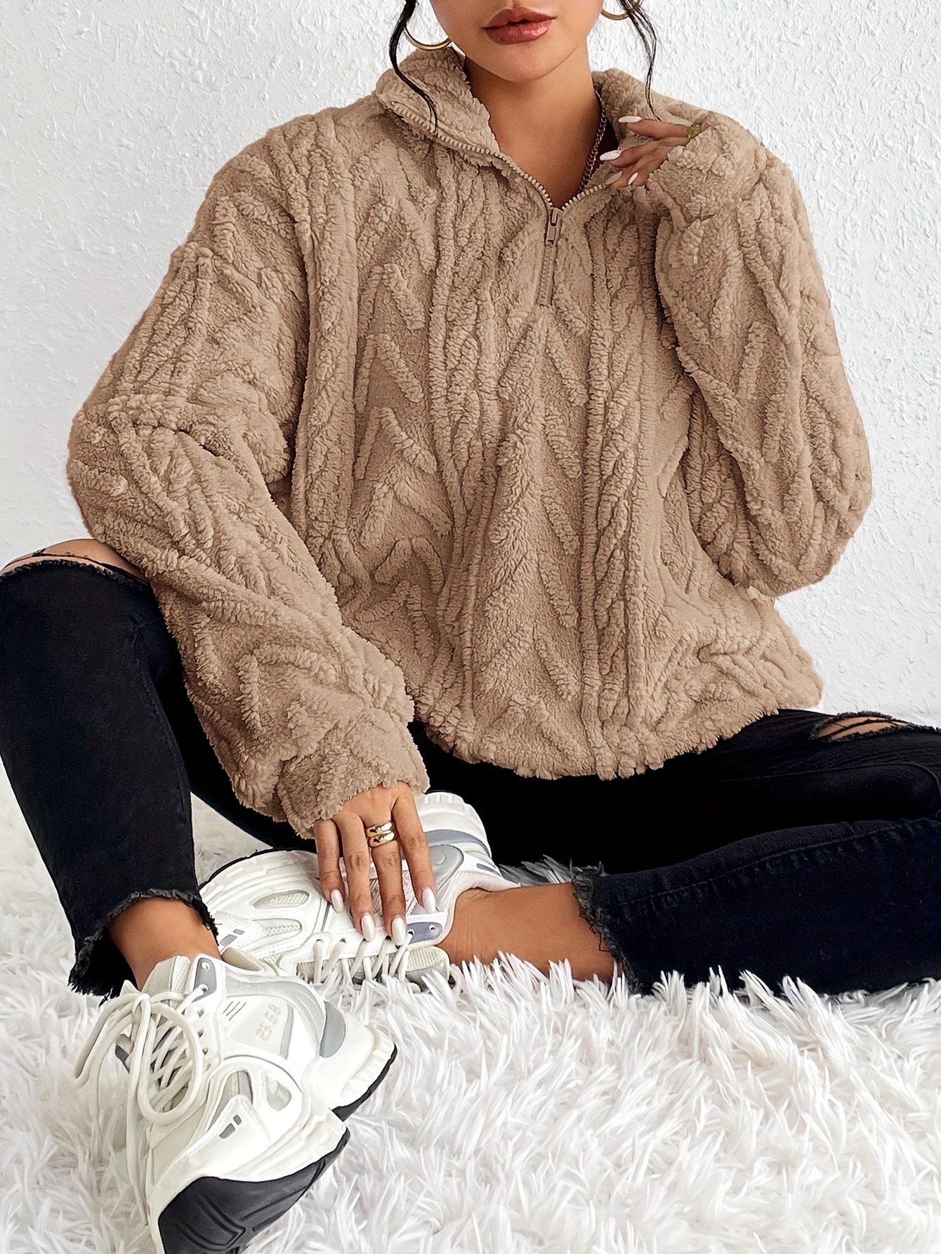 Claudette - Sweatshirt Luxe en Fleece à Tricot Cable